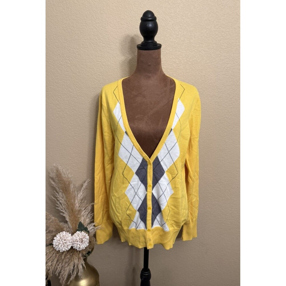 Old Navy Women Cardigan Sweater Large Yellow Argyle Cotton V Neck Button Preppy